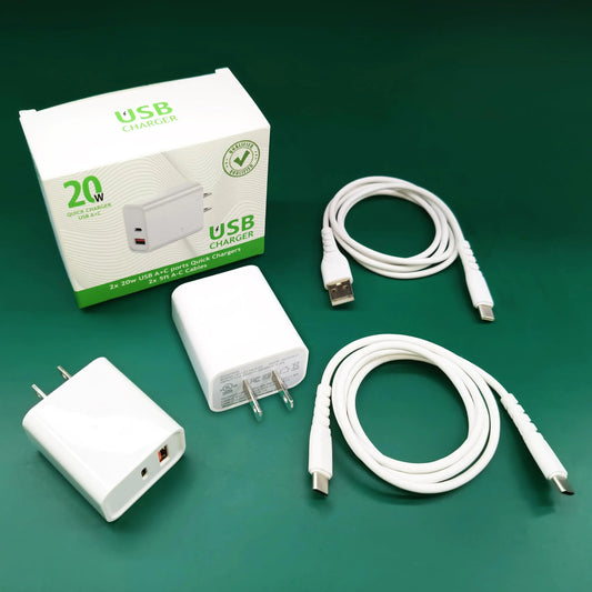 Generic LLY USB A + C Dual Port Fast Wall Charger2 pack. Input 110-240 Volts50/60Hz. USB A Port Output QC 18WType C Port Output PD 20W. with USB A to Lightning & Type C to C Charging Cables White