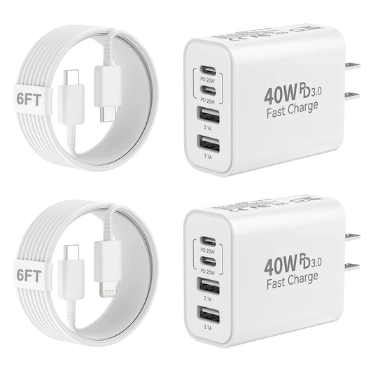 40W USB C Charger Block 4-Port Type C Fast Charging Block Dual PD&QC Wall Plug Power Adapter with USB C to C Charging Cables for iPhone 15/15 Pro/ 15 Pro Max/14/13/12 Samsung Galaxy S24 Series