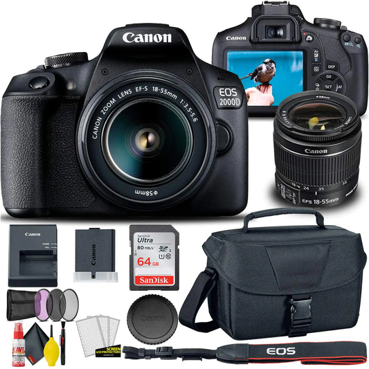 Canon EOS 2000D / Rebel T7 DSLR Camera with 18-55mm Lens + Creative Filter Set EOS Camera Bag + Sandisk Ultra 64GB Card + Electronics Cleaning Set and More (International Model) (Renewed)