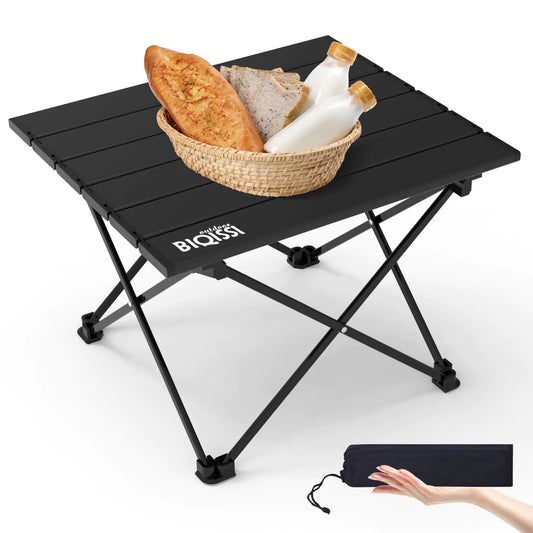 Biqissi Portable Small Camping Table Compact Camping Side Table with Carrying Bag Ultralight Aluminum Beach Table Folding for Hiking Camping Picnicking BBQ Outdoor Cooking (Black Small 16")